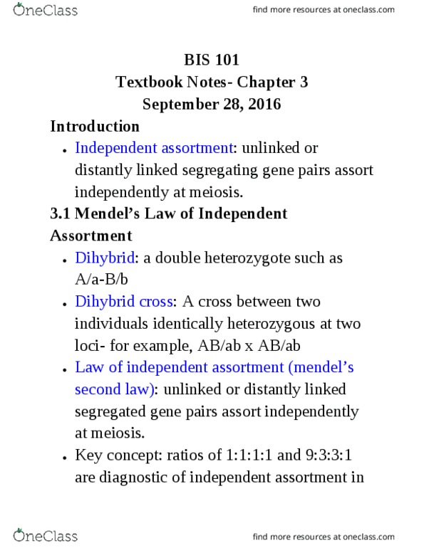 BIS 101 Chapter Notes - Chapter 3: Organelle, Product Rule, Dihybrid Cross thumbnail