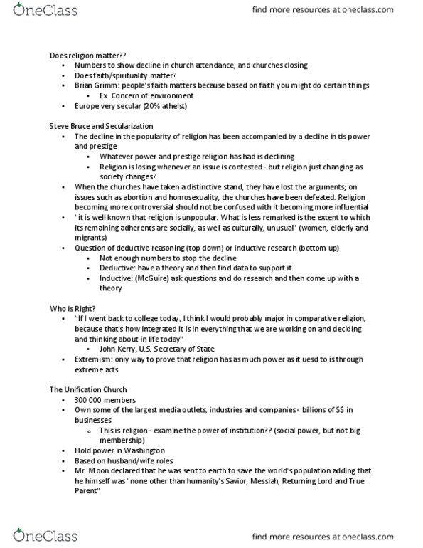 SOSA 3013 Lecture Notes - Lecture 8: Steve Bruce, Church Attendance, Deductive Reasoning thumbnail