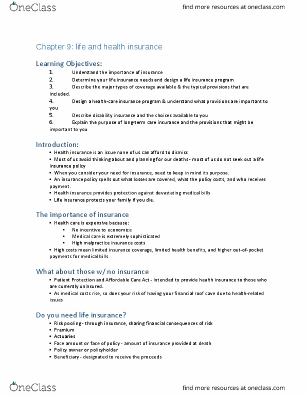 FINA 260 Lecture Notes - Lecture 9: Polskie Radio Program Iii, Co-Insurance, Managed Care thumbnail