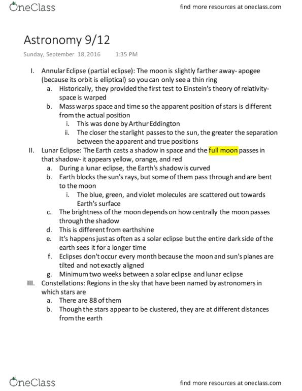 ASTRON C10 Lecture Notes - Lecture 8: Planetshine, Arthur Eddington thumbnail