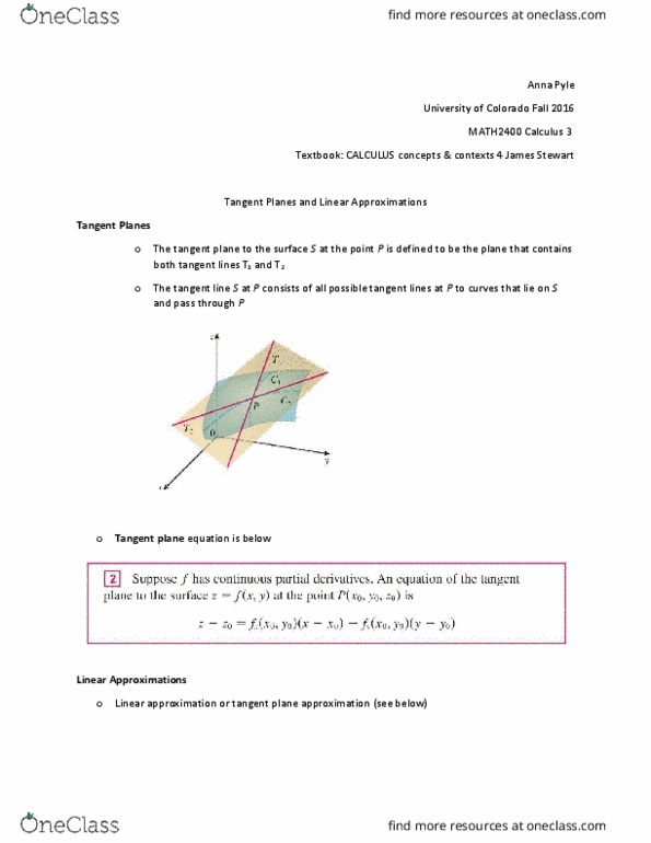 MATH 2400 Chapter Notes - Chapter 11.4: Linear Approximation, Differentiable Function, Tangent Space thumbnail