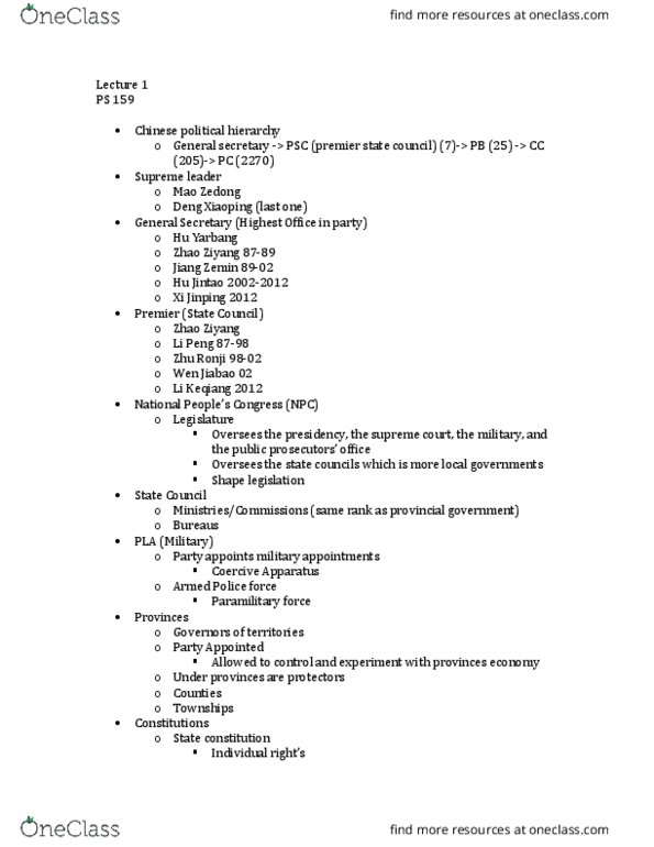 POL SCI 159B Lecture Notes - Lecture 1: Zhao Ziyang, Wen Jiabao, Jiang Zemin thumbnail