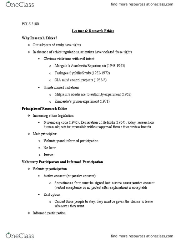 POLS 3180 Lecture Notes - Lecture 6: Nuremberg Code, Informed Consent, Syphilis thumbnail