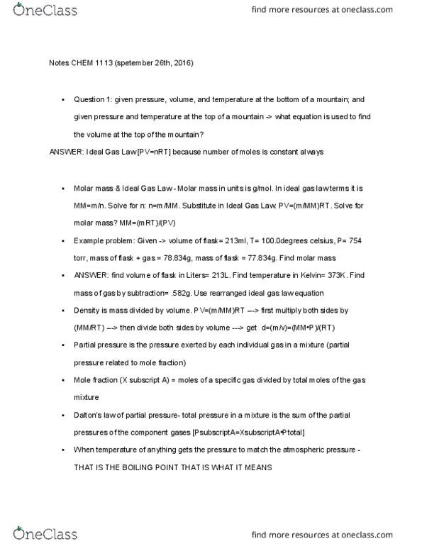 CHEM 1113 Lecture Notes - Lecture 15: Partial Pressure, Mole Fraction, Ideal Gas Law thumbnail