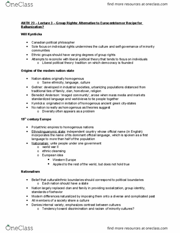 ANTH 23 Lecture Notes - Lecture 3: Will Kymlicka, Polyethnicity, Nationstates thumbnail