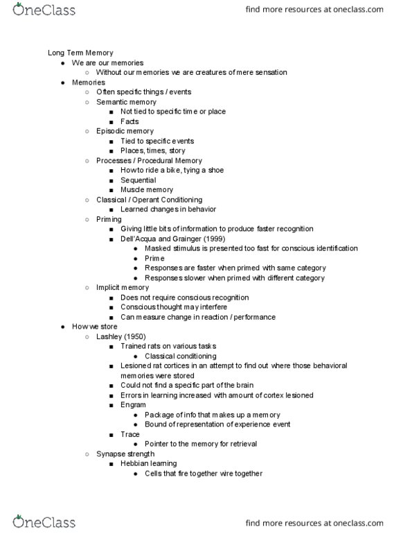 PSY 111 Lecture Notes - Lecture 8: Clive Wearing, Classical Conditioning, Implicit Memory thumbnail