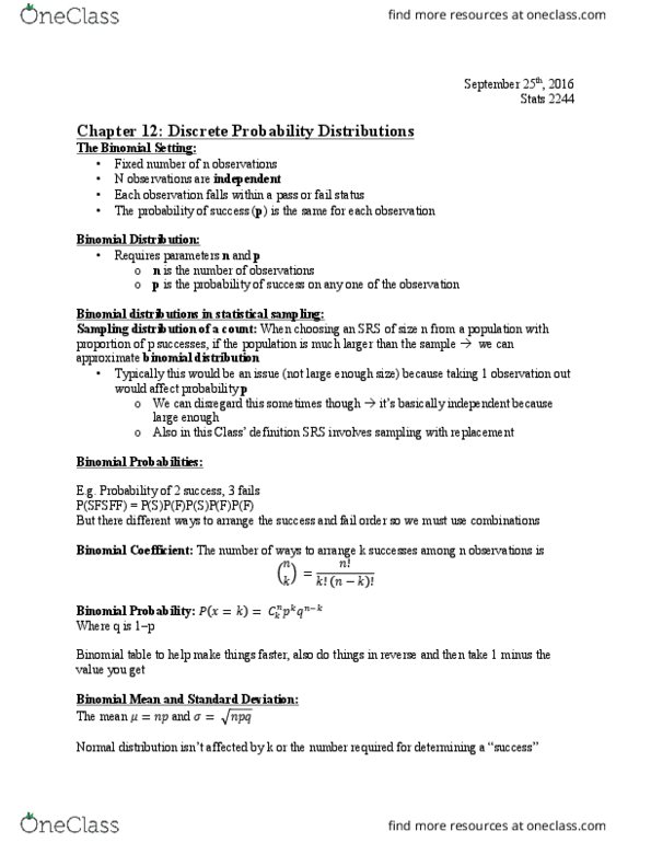 Statistical Sciences 2244A/B Chapter Notes - Chapter 11-12: Statistical Inference, Binomial Distribution, Probability Distribution thumbnail