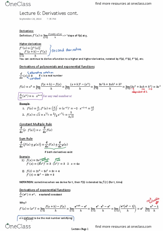 MAT 1320 Lecture Notes - Lecture 6: Quotient Rule, Product Rule thumbnail
