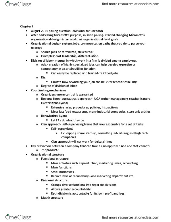 MGMT 3000 Lecture Notes - Lecture 7: Delta Air Lines, Cost Leadership, Organizational Structure thumbnail