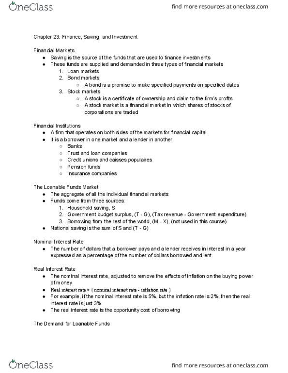 ECON102 Lecture Notes - Lecture 5: Loanable Funds, Opportunity Cost, Disposable And Discretionary Income thumbnail