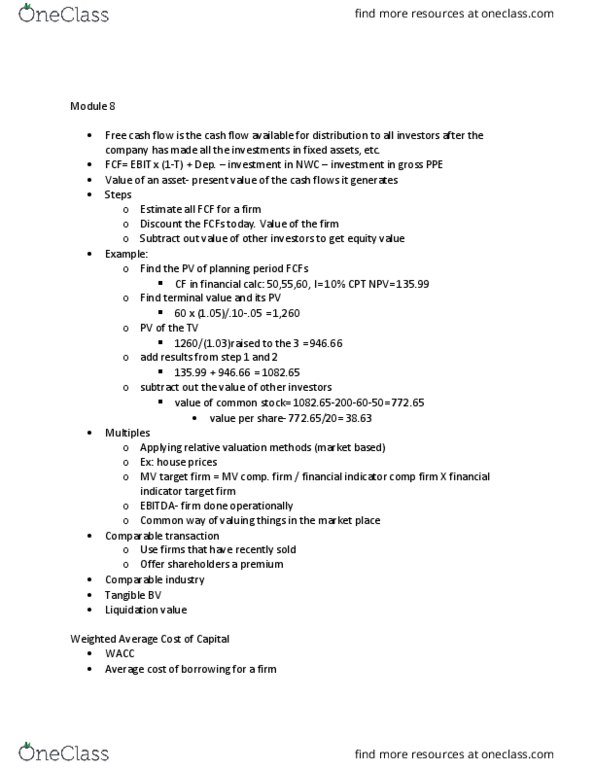 FINA 3000E Lecture Notes - Lecture 8: Systematic Risk, Cash Flow, Net Present Value thumbnail