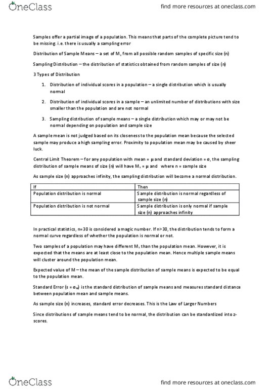 PSY30100 Lecture Notes - Lecture 6: Central Limit Theorem, Standard Deviation, Sampling Distribution thumbnail