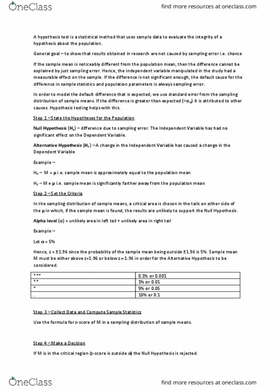 PSY30100 Lecture Notes - Lecture 8: Null Hypothesis, Sampling Distribution, Statistical Hypothesis Testing thumbnail