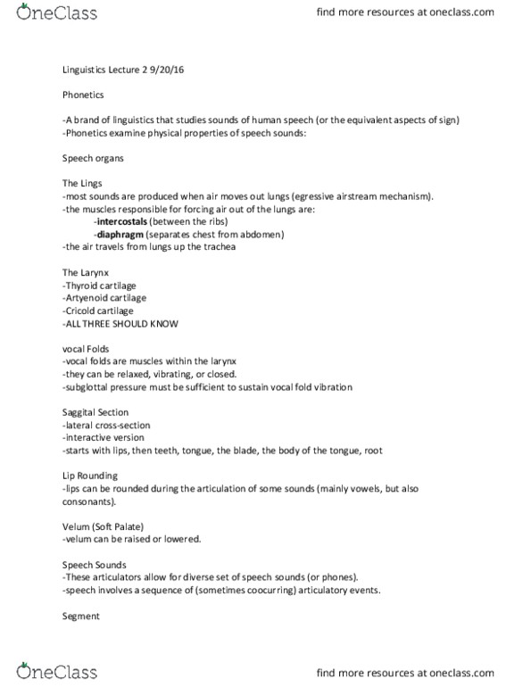 LIN100Y1 Lecture Notes - Lecture 2: International Phonetic Alphabet, Phonetics, Rhotic Consonant thumbnail