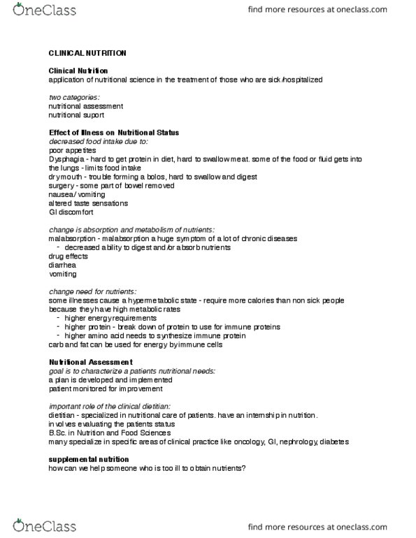 NUTR100 Lecture Notes - Lecture 19: Dysphagia, Parenteral Nutrition, Hypermetabolism thumbnail