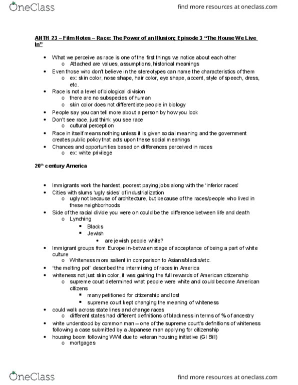 ANTH 23 Chapter Notes - Chapter Film - Race: The Power of an Illusion Ep 3: Fear Mongering, Blockbusting, Urban Renewal thumbnail