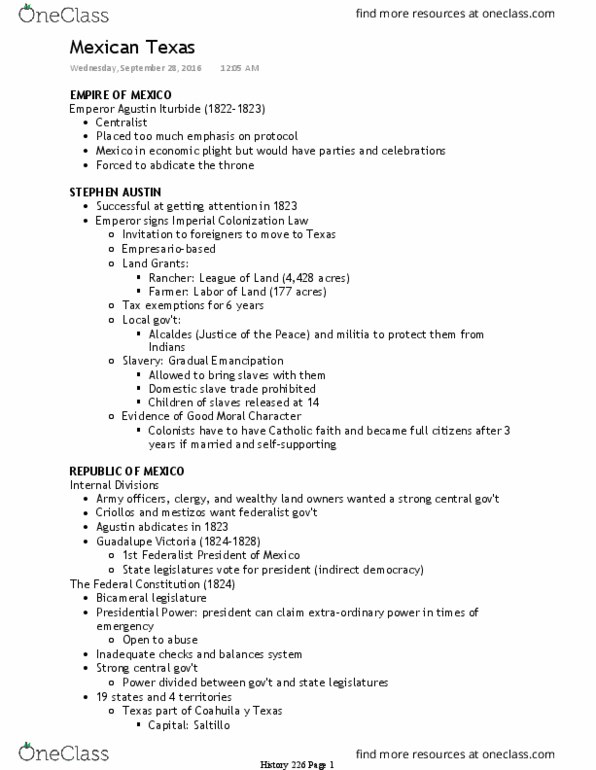 HIST 226 Lecture Notes - Lecture 7: Indentured Servant, Empresario, Tax Exemption thumbnail