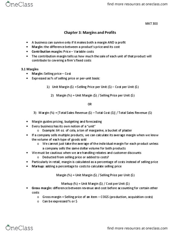 MKT 300 Chapter Notes - Chapter 3: Contribution Margin, Margarine, Gross Margin thumbnail