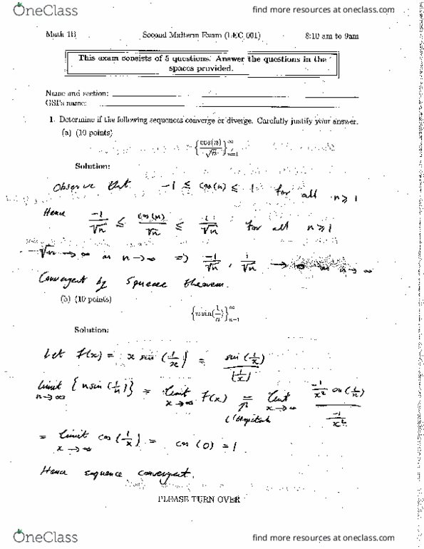 MATH 1B Study Guide - Spring 2016, Midterm - Please Turn Over