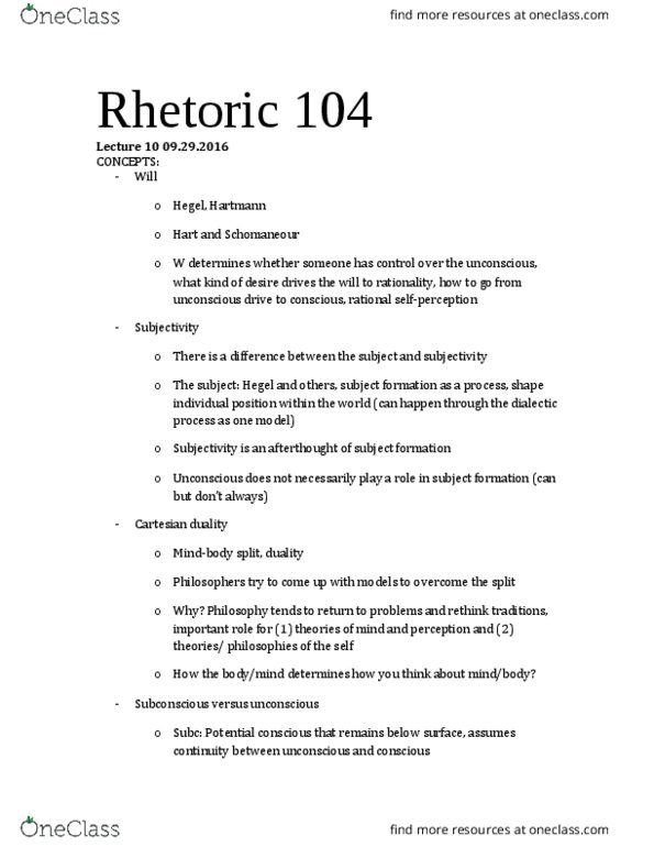 RHETOR 104 Lecture Notes - Lecture 10: Anatomical Pathology, Sigmund Freud, Dialectic thumbnail