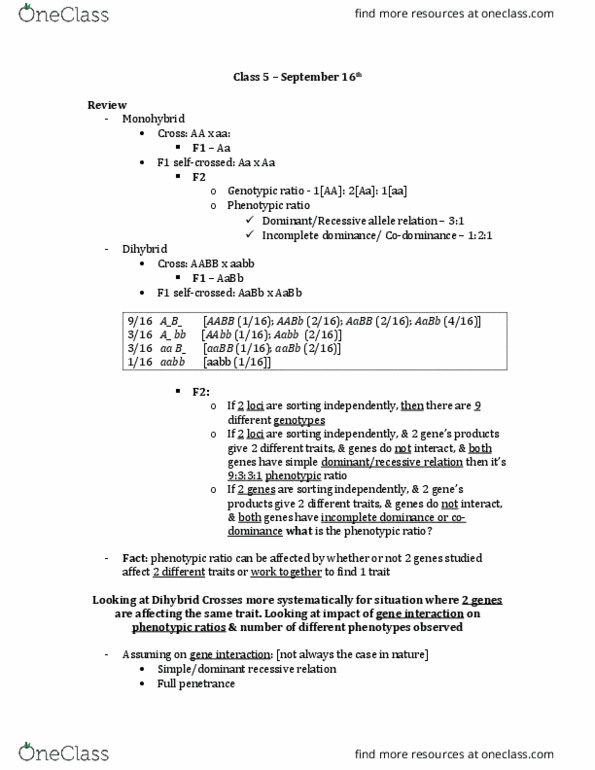 BIOC15H3 Lecture Notes - Lecture 5: Dihybrid Cross, Genotype, Lentil thumbnail