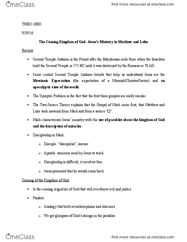 THEO10001 Lecture Notes - Lecture 12: Parable Of The Lost Sheep, Beatitudes, Mustard Seed thumbnail
