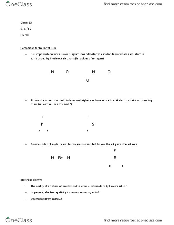 CHEM 023 Lecture Notes - Lecture 12: Beryllium, Electronegativity, Lone Pair thumbnail