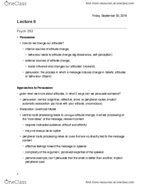 PSYCH253 Lecture Notes - Lecture 9: Psych, Comfort Food, Elaboration Likelihood Model thumbnail