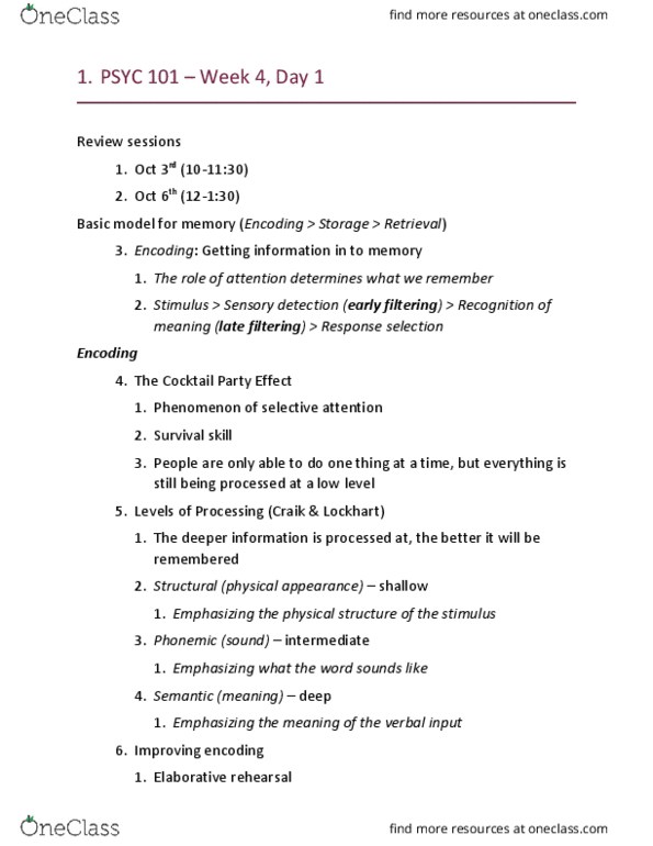 PSYC 101 Lecture Notes - Lecture 10: Short-Term Memory, The Cocktail Party, Working Memory thumbnail