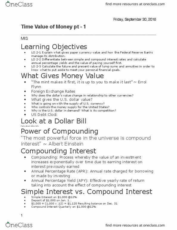 MIS 111 Lecture Notes - Lecture 9: United States Dollar, Interest, Money Supply thumbnail