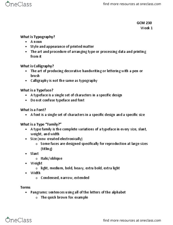 GCM 230 Lecture Notes - Lecture 1: Typesetting, Typography thumbnail
