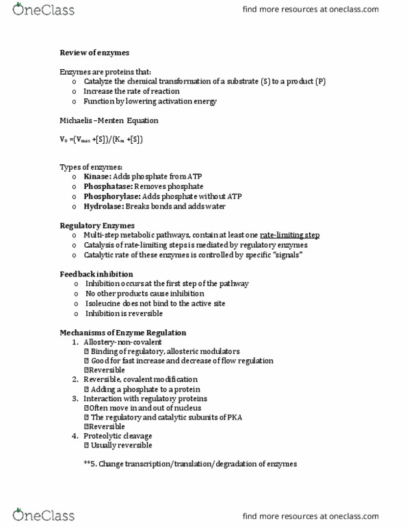 BIOC 3560 Lecture Notes - Lecture 7: Hydrolase, Isoleucine, Reaction Intermediate thumbnail