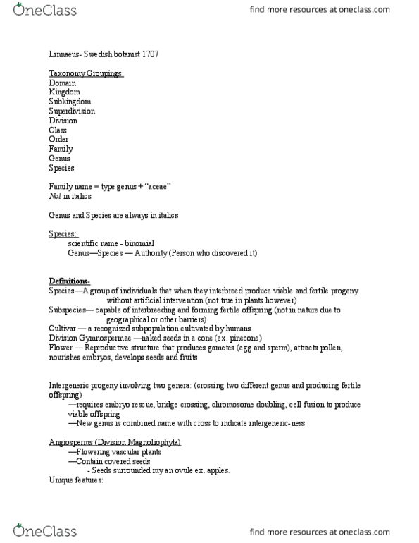 BIOL 1050 Lecture Notes - Lecture 7: Enzyme, Mitosis, Bract thumbnail