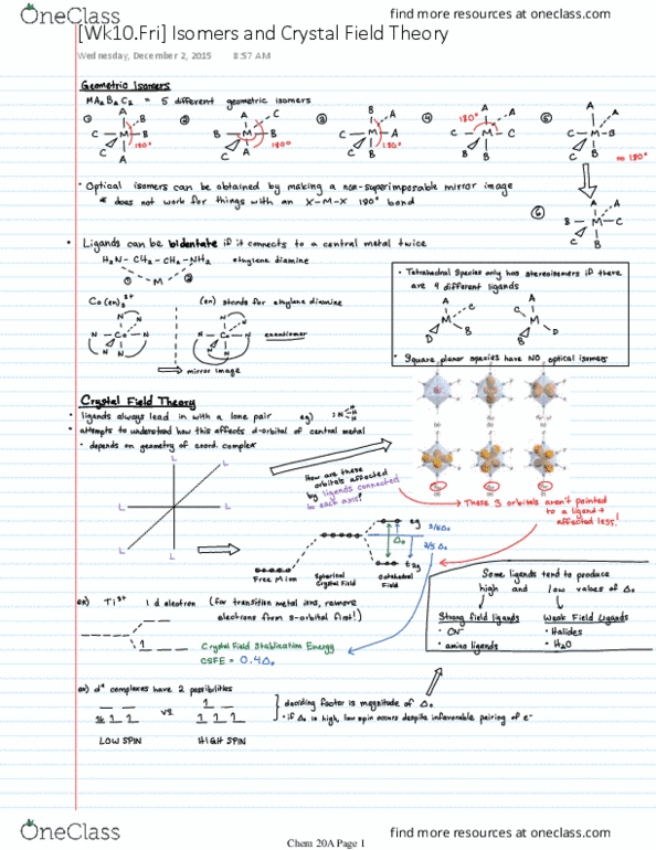 CHEM 20A Lecture Notes - Lecture 29: Crystal Field Theory, Paramagnetism thumbnail