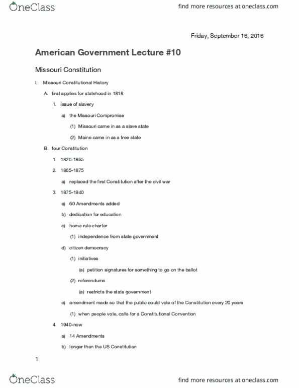 POL_SC 1100 Lecture Notes - Lecture 10: Constitution Of Missouri, Missouri Compromise thumbnail