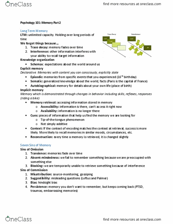 PSYC 101 Lecture Notes - Lecture 6: Implicit Memory, Suggestibility, Explicit Memory thumbnail