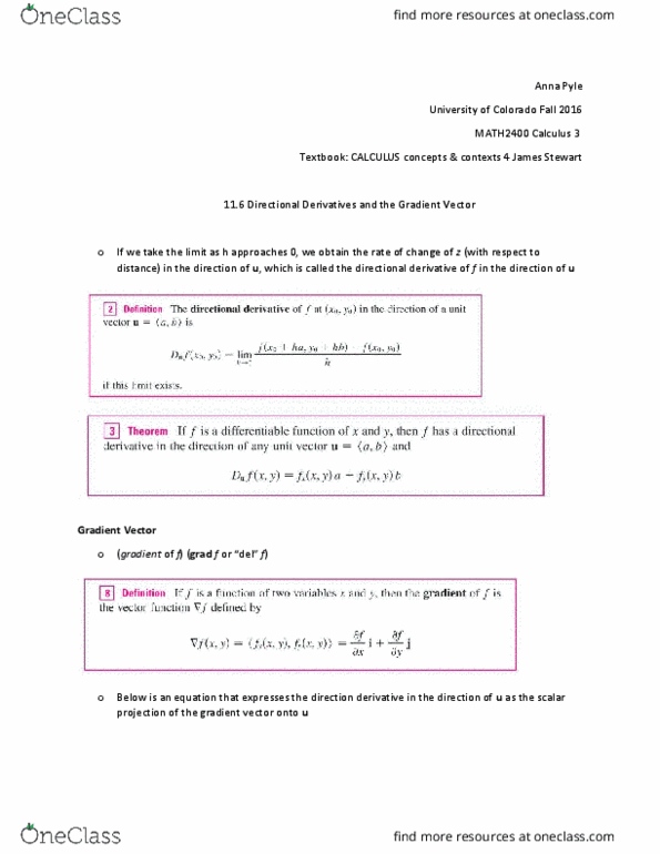 MATH 2400 Chapter Notes - Chapter 11.6: Directional Derivative, Level Set, Scalar Projection thumbnail