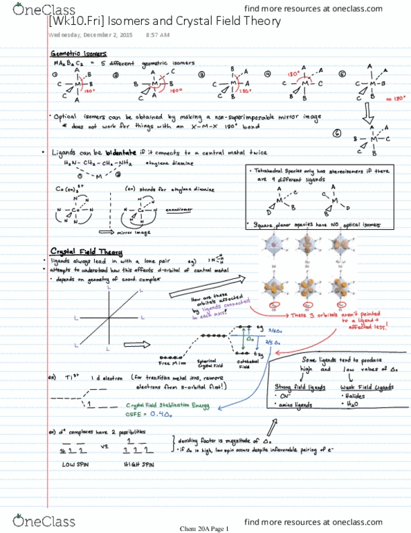 CHEM 20A Lecture Notes - Lecture 28: Crystal Field Theory, Paramagnetism thumbnail