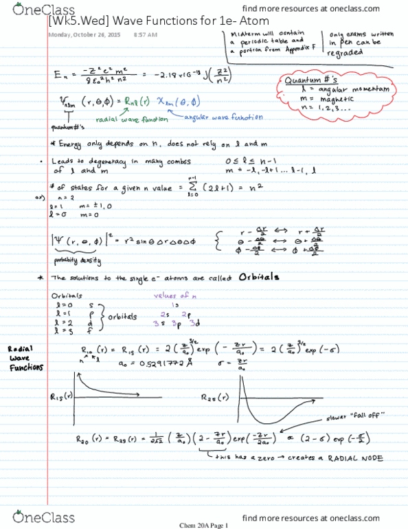 CHEM 20A Lecture 15: [Wk5.Wed] Wave Functions for 1e- Atom thumbnail