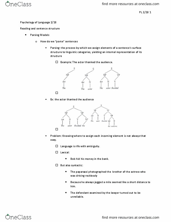 PSY 357 Lecture Notes - Lecture 1: Adpositional Phrase, Syntactic Ambiguity, Cut Blocking thumbnail