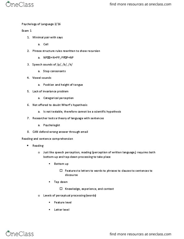 PSY 357 Lecture Notes - Lecture 7: Syllabary, Speech Perception, Minimal Pair thumbnail