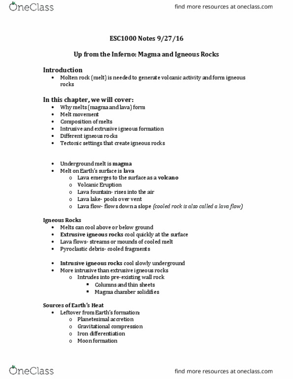 ESC 2200C Lecture Notes - Lecture 5: Crystallization, Planetesimal, Flux Melting thumbnail