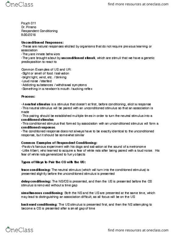 PSY 011 Lecture Notes - Lecture 8: Classical Conditioning, Little Albert Experiment, Psych thumbnail