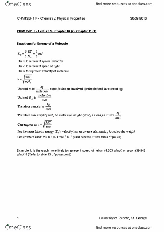 CHM135H1 Lecture Notes - Lecture 9: Ideal Gas Law, Ideal Gas, Molar Volume thumbnail