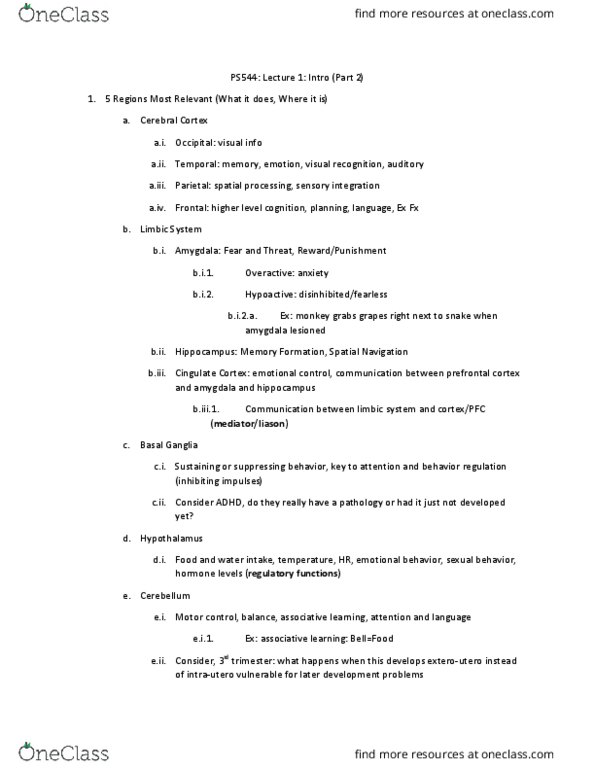 CAS PS 544 Lecture Notes - Lecture 1: Prefrontal Cortex, Basal Ganglia, Limbic System thumbnail