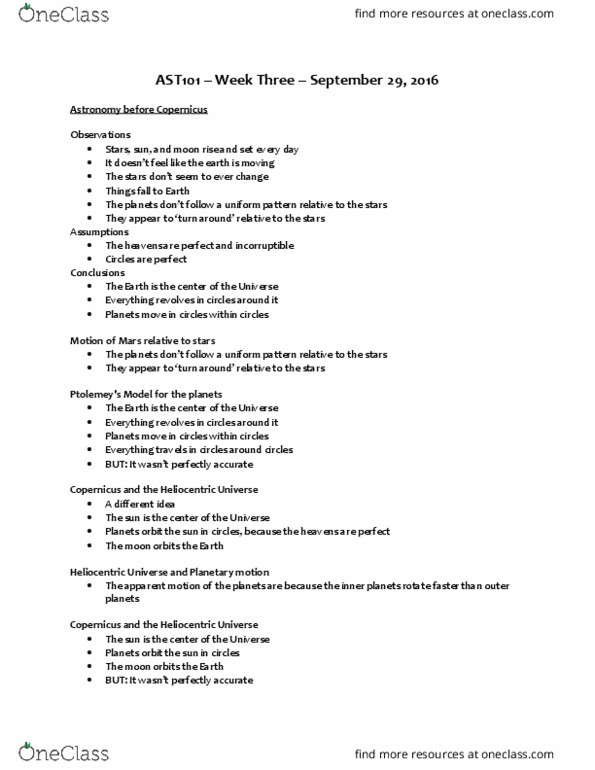 AST101H1 Lecture Notes - Lecture 6: Heliocentrism, Geocentric Model, Ellipse thumbnail