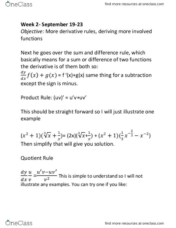 Math 275 Lecture Notes Fall 16 Lecture 6 Quotient Rule Product Rule