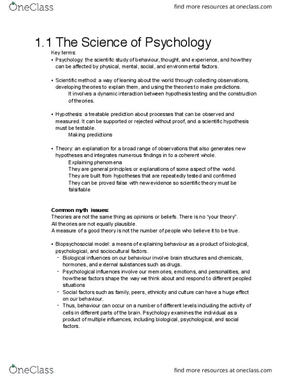 PSY100H1 Chapter Notes - Chapter 1.1: Biopsychosocial Model, Statistical Hypothesis Testing, Falsifiability thumbnail