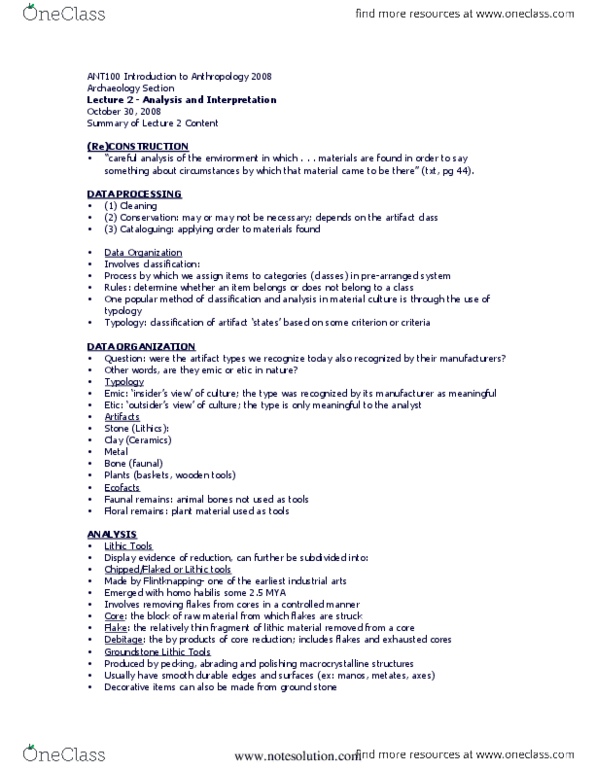 ANT100Y1 Lecture : Archaeology-Lecture 2-Analysis and Interpretation Oct 30 2008 thumbnail