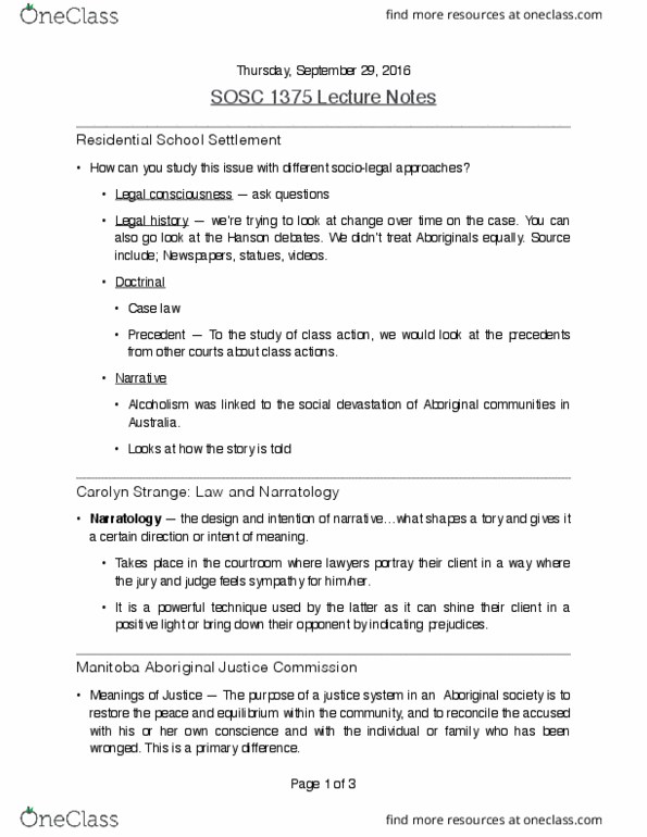 SOSC 1375 Lecture Notes - Lecture 4: Narratology, Alcoholism, Customary Law In Australia thumbnail